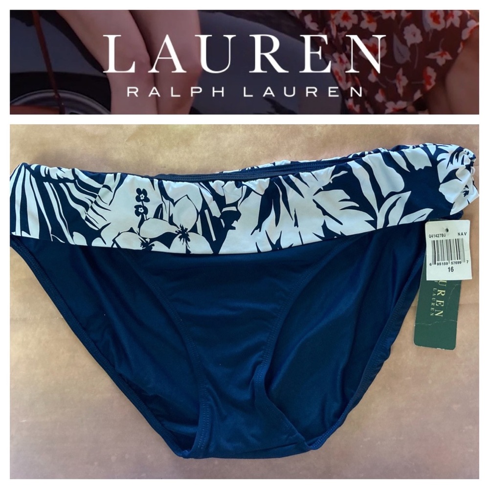 ➡️NWT Lauren Ralph Lauren Navy with Tropical Ruffle Bikini Bottom Size 16